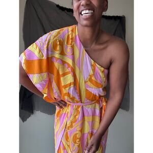 Show Me Your Mumu Orange Retro Print One Shoulder Mini Dress Size Small